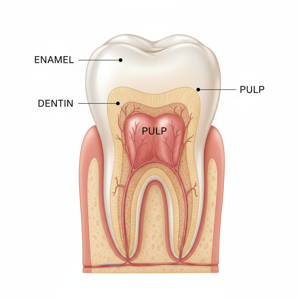 A detailed close-up of a healthy human tooth inside the mouth, realistic lighting, medical illustration style, showing enamel, dentin, and pulp clearly labeled, white background.